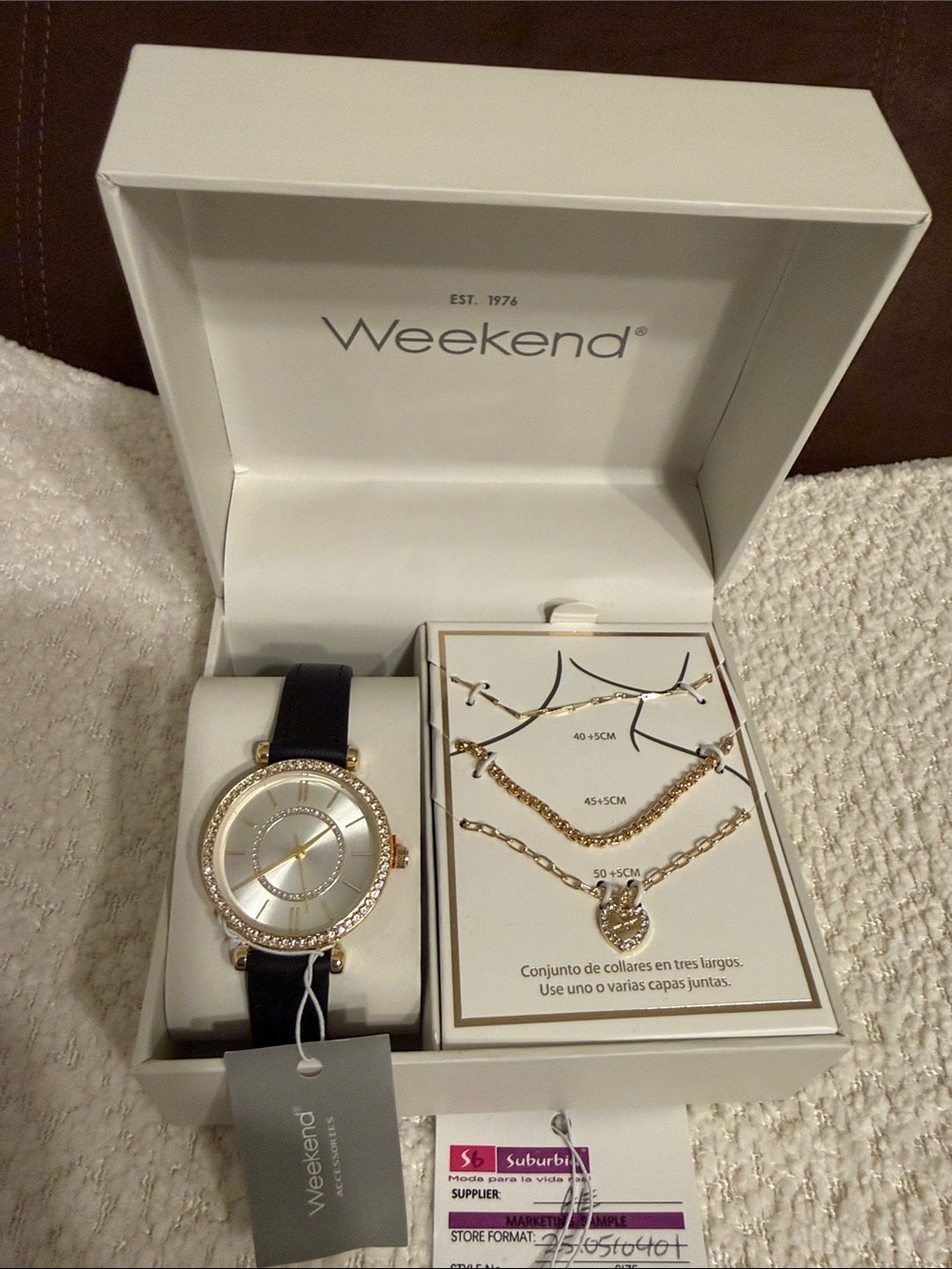 Weekend Gold Tone Watch & initial mom Necklaces Set W Rhinestone MSRP $499